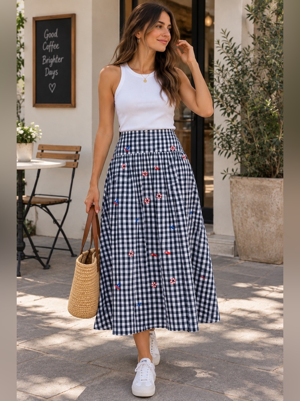 Navy Gingham Midi Skirt with Embroidered Floral Detail